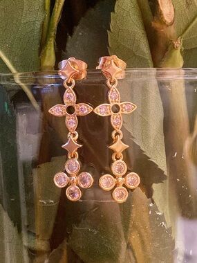 18k gold plated pink cz  flower clover dangle earrings